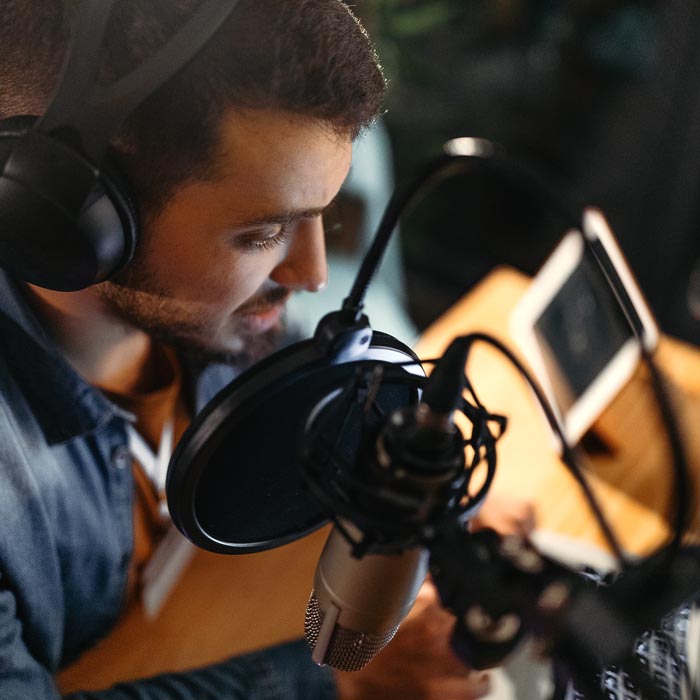 person recording podcast